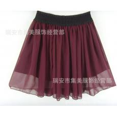 新款厂家直 韩版雪纺半身短裙 纯酒红色雪纺裙一件代发