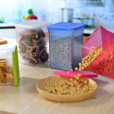 厨房糖果色波浪方形家用储物罐;塑料抗菌密封罐 干果零食收纳罐