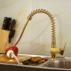全铜单孔镀金色弹簧可抽拉式厨房水槽冷热水龙头洗菜盆可旋转欧式
