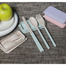 韩式折叠旅行勺筷子叉小麦盒创意可爱学生便携餐具三件套装